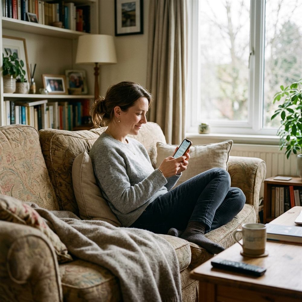 A woman curled up on a sofa at home, smiling at her phone, with a blanket and a cup of tea nearby